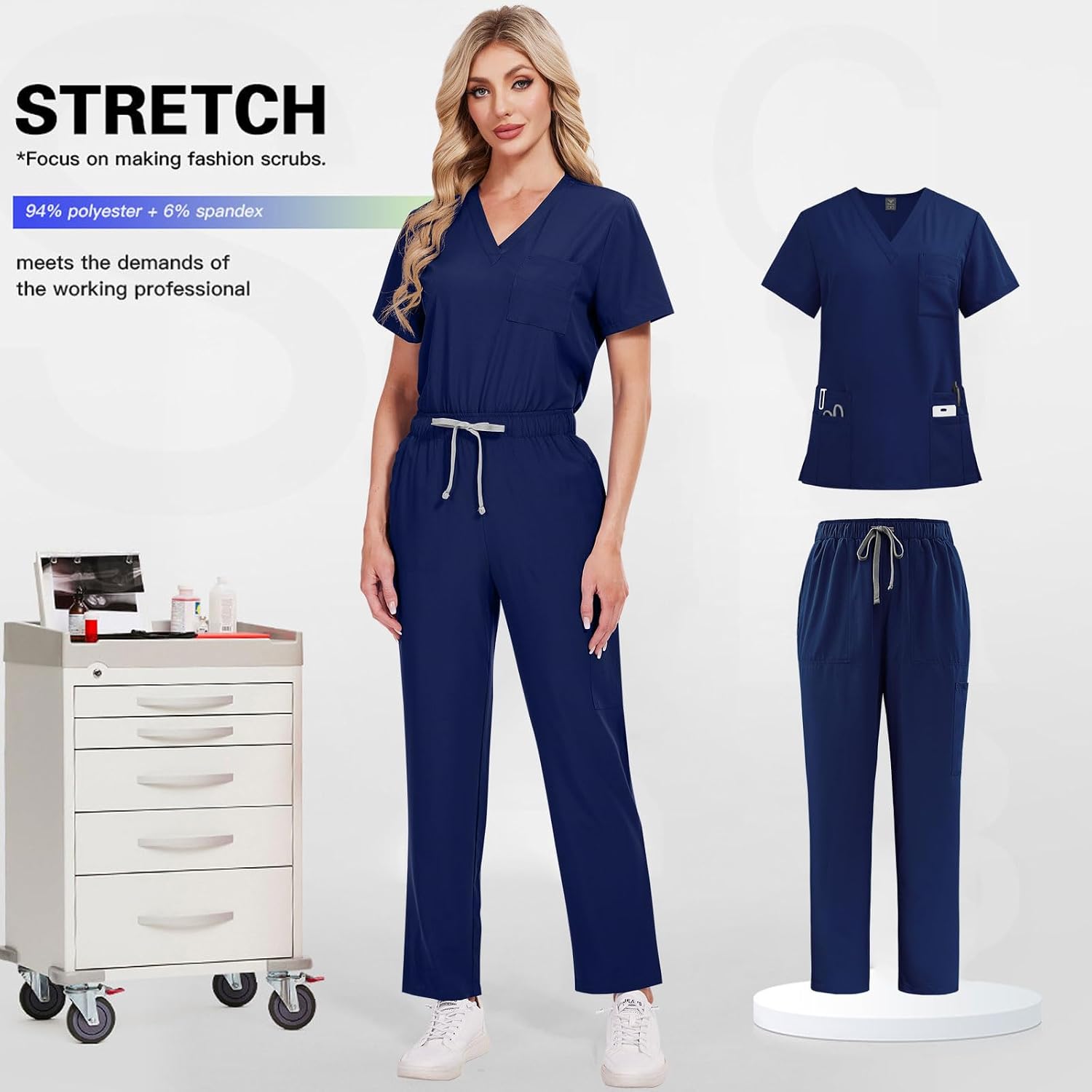 Women's V-Neck Scrub Set Top & Pants 9 Pockets Medical Uniform for Nurses Doctors Healthcare Workwear Comfort Fit(Blue,M)