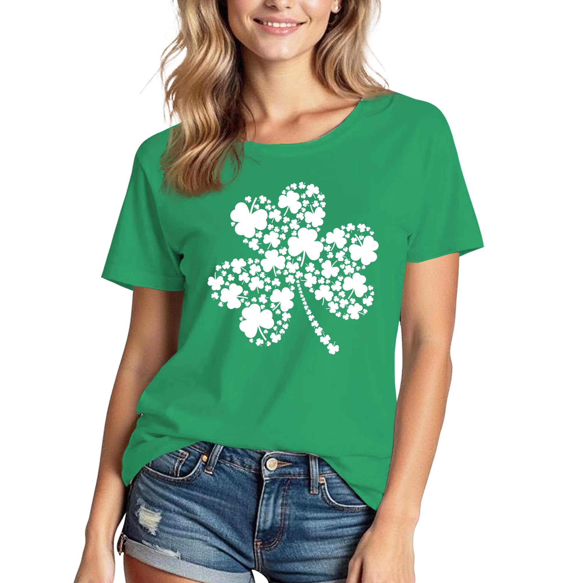 St Patricks Day Shirts for Women Lucky Irish Shamrock Crew Neck Short-Sleeve Graphic Higher Quality Printed T-Shirt