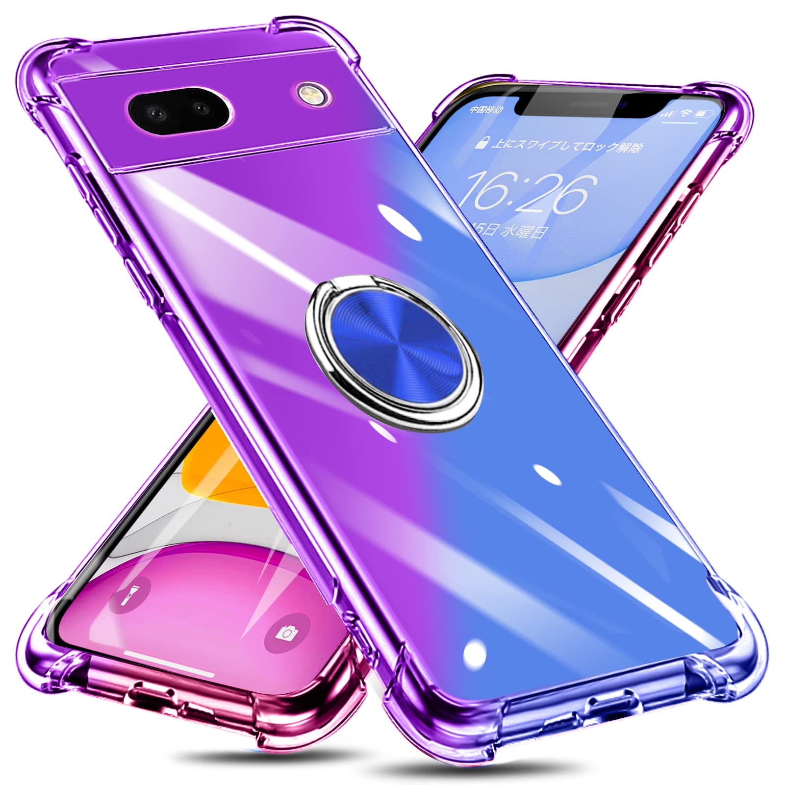 Google Pixel 6A 5G 用 ケース リング付き TPU グラデーション色 携帯カバー 耐衝撃 透明 車載ホルダー対応 一体型 落下防止 防塵 変形防止 全面保護 ピクセル 6a 5g 用 カバー 紫/ブルー W-CSZH-33-07