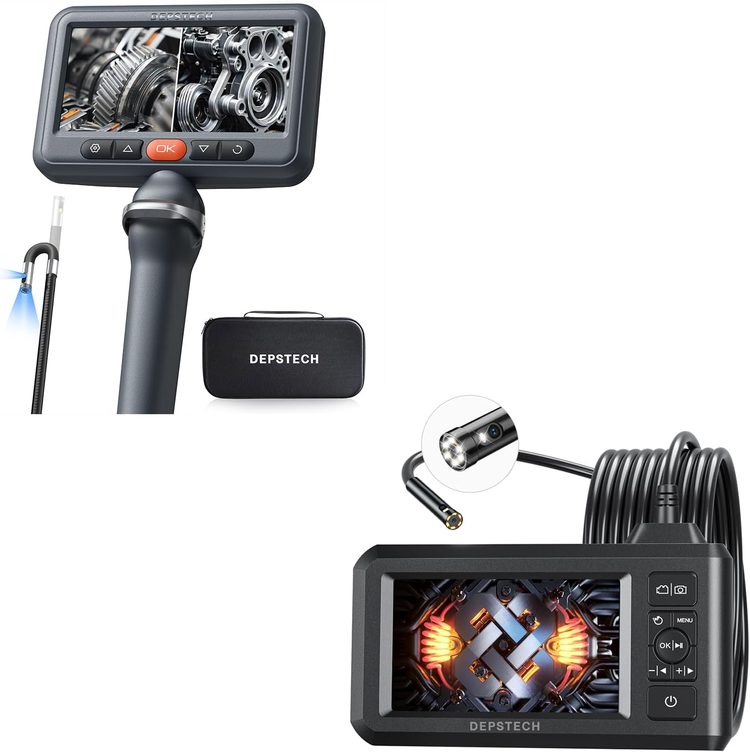 DEPSTECH Dual Lens Borescope Camera with Light, Two-Way Articulating 5" IPS Dual View Endoscope with 0.33in Slim Probe, Dual Lens Industrial Endoscope, 1080P Digital Borescope Inspection Camera