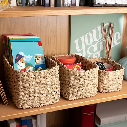 Miniatura 3 de EZOWare Small Woven Paper Rope Storage Baskets, Set of 6 Soft Rectangular Decorative Container Box Bins for Baby, Kids, Closet, Nursery Room,