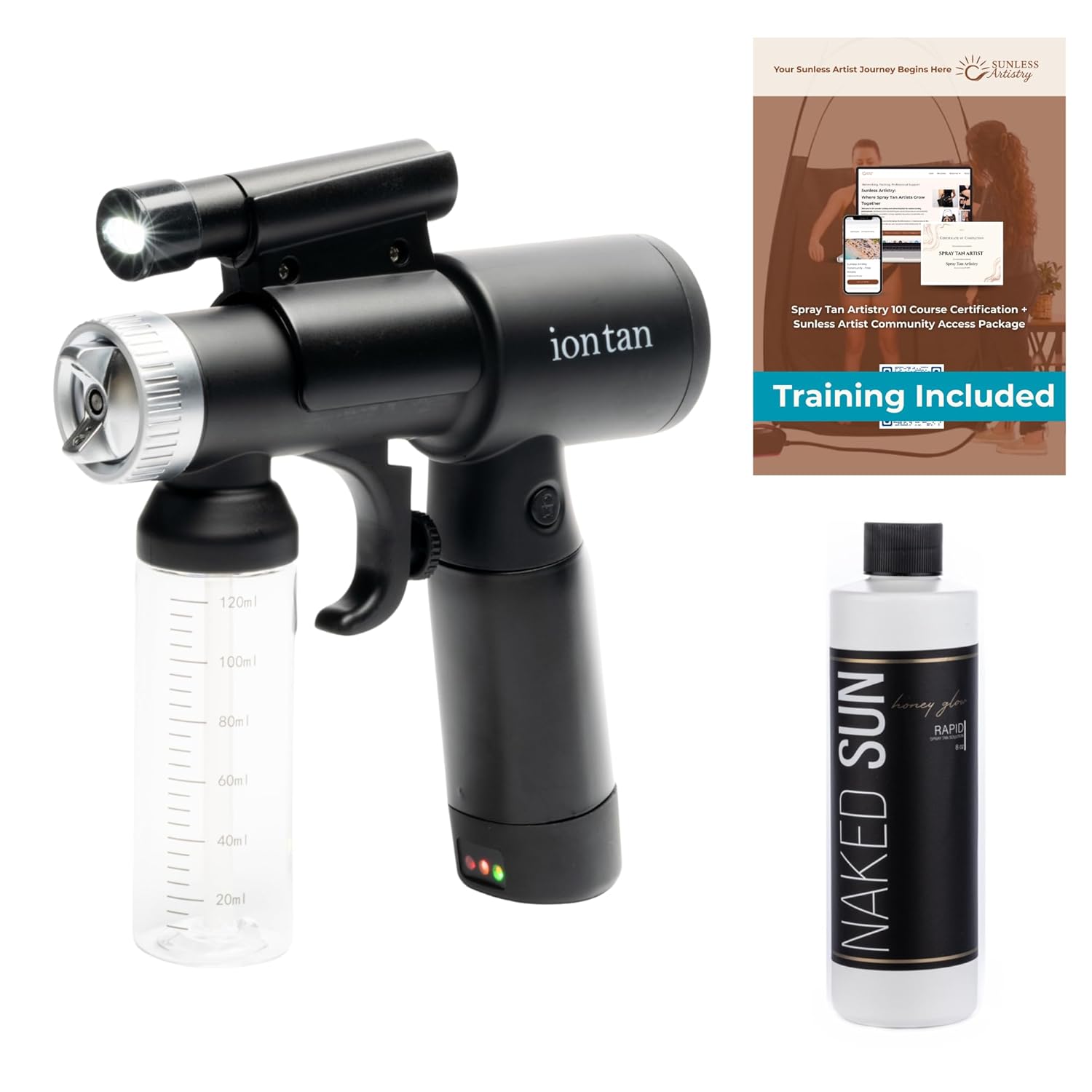 Naked Sun ION Tan Spray Tan Machine DualPower Rechargeable and A/C Power with Naked Sun Honey Glow Rapid Tanning Solution