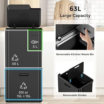 mVm Kitchen Bin,63L Triple Rubbish Bin,3 Compartment Stainless Steel Press Bin,Recycling Bin with Soft-Close Lids and Plastic Inner Buckets,Fingerprint Proof,Odour Seal,Large Capacity Trash Can
