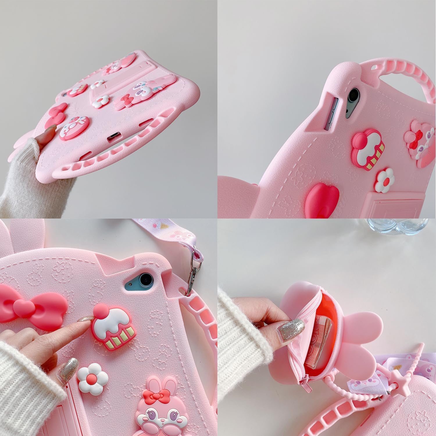for iPad 10th Generation 10.9 Inch 2022 Case, iPad 11th (A16) Gen 11inch 2025 Tablet Cover - Cute Cartoon Character 3D Unique Design for Girls Women Soft Silicone Kickstand with Strap(Pink)