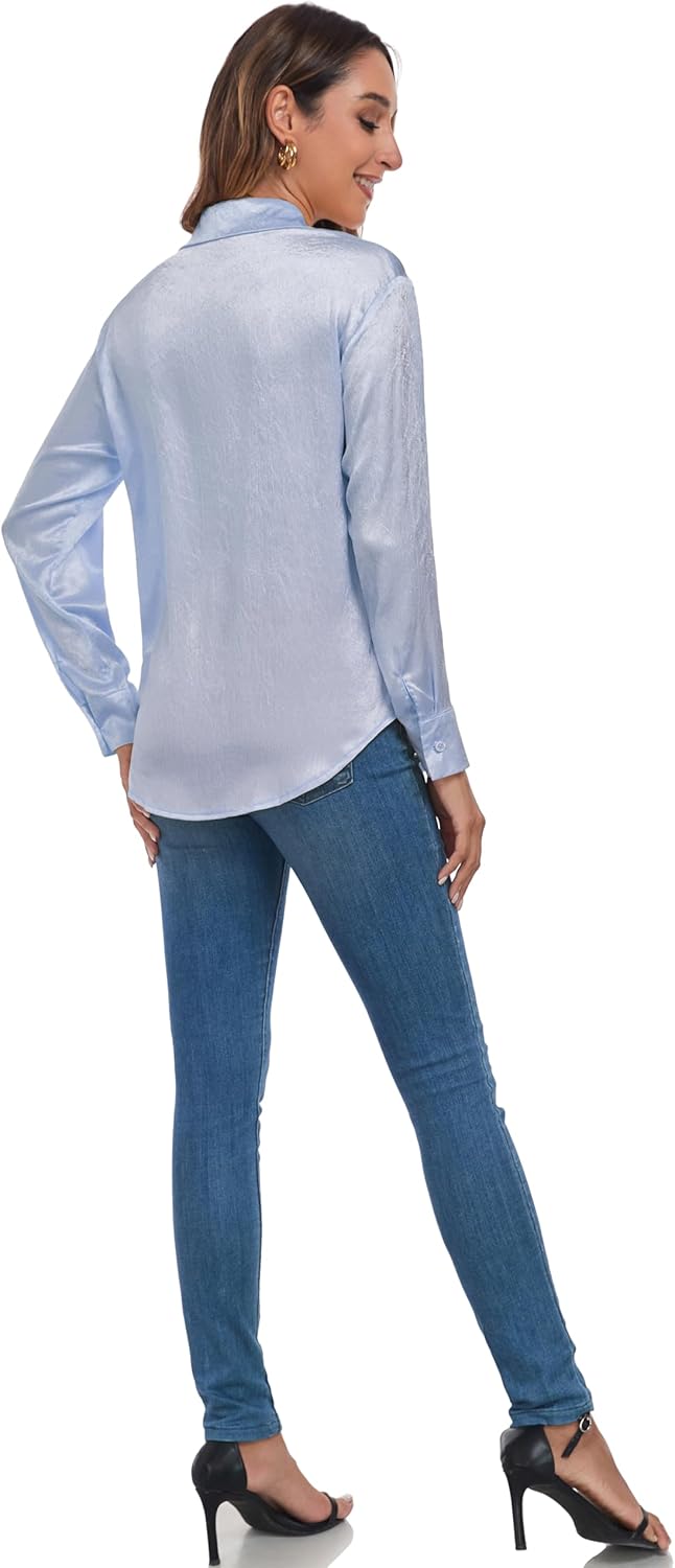 Atnlewhi Women's Long Sleeve Button Down Satin Silk Texture Shirts Casual Business Smooth Blouse Tops - Image 7