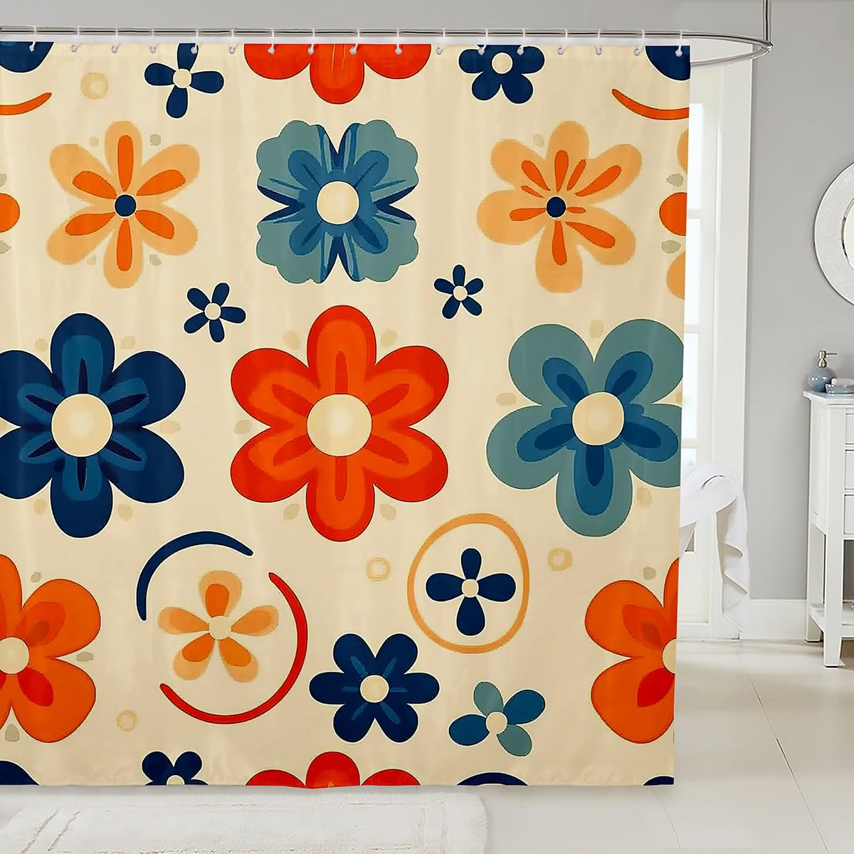 Retro Floral Bathroom Curtain 72"Wx72"L,Colorful Groovy Flower Bath Curtain for Kids Boys Girls,Bohemian Disco Aesthetic Style Shower Curtain Hippie