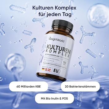 WeightWorld Kulturen Complex with 60 Billion CFU - 120 Vegan Capsules 20 Bakterienstämme und Bio Inulin Bakterienkulturen mit Bifidobacterium Lactobacillus Gasseri & Reuteri 2 Monate Vorrat