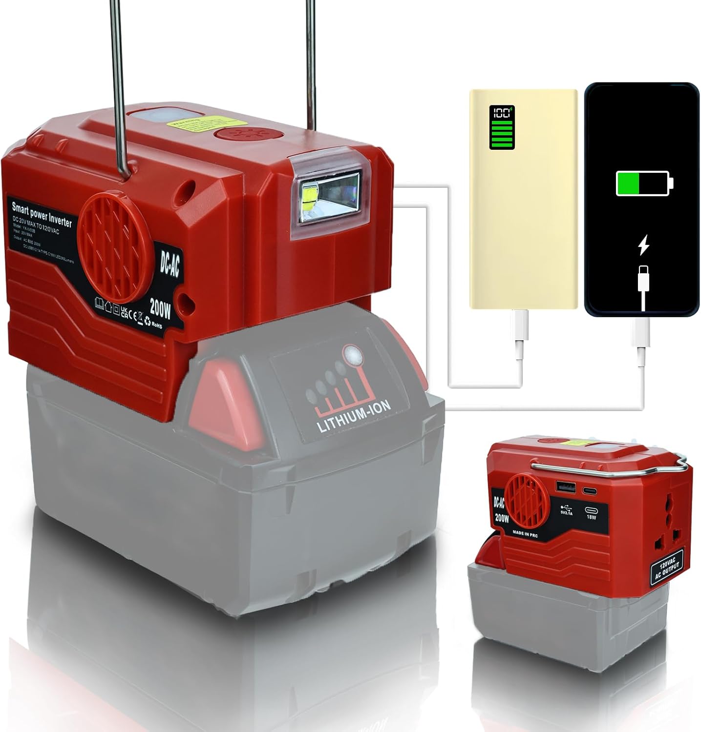 200W Power Inverter for Milwaukee M18 18V Battery, Battery Adapter with 110V120V AC Outlet