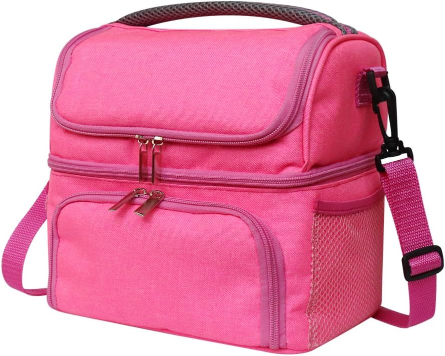 Pink Insulated Lunch Bag for Girls or Women, With Dual Waterproof Compartments,Capacity Cooler Tote, for Breakfast/Tiffin/Dinner, Thermal/Warm/Heated Medium Bag with Handle and Detachable Strap (Pink)