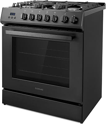 30 in. Nebula Coll 5.0 cu. ft. 5 Burner Gas Range, Convection, Matte Black | Cosmo COS-305AGC-BK Cast Iron Grates, Digital Display with Timer, Metal Knobs, Liquid Propane Convertible, Wok Ring