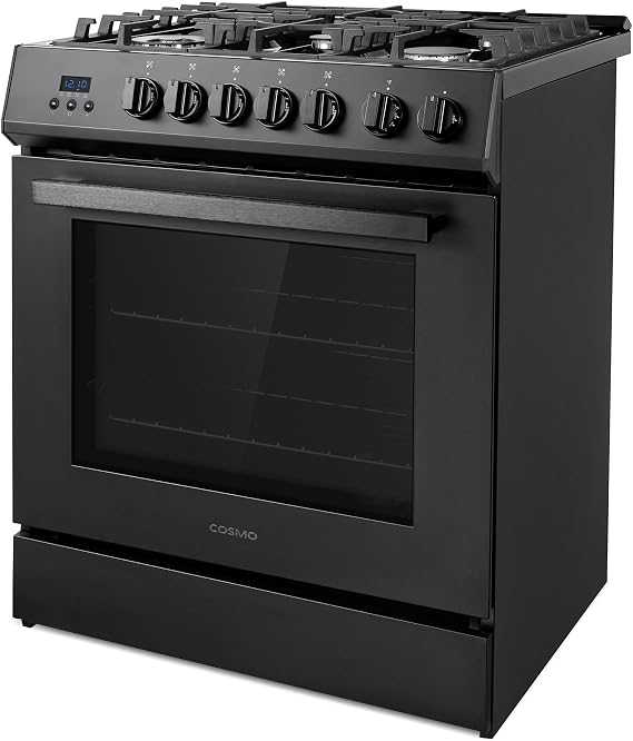 30 in. Nebula Coll 5.0 cu. ft. 5 Burner Gas Range, Convection, Matte Black | Cosmo COS-305AGC-BK Cast Iron Grates, Digital Display with Timer, Metal Knobs, Liquid Propane Convertible, Wok Ring