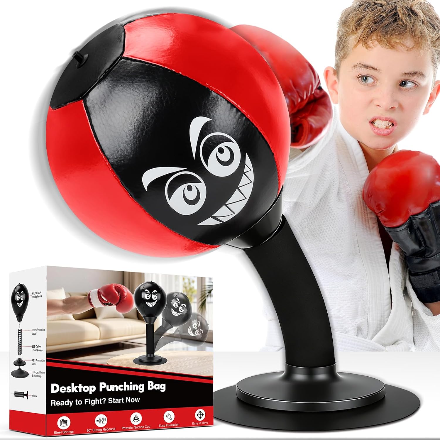 Desktop Punching Bag - Stress Relief, Suction Cup Design for Office Table and Counters, Heavy Duty Stress Relief Ball, Fun Gifts Suitable for All Ages (Red)