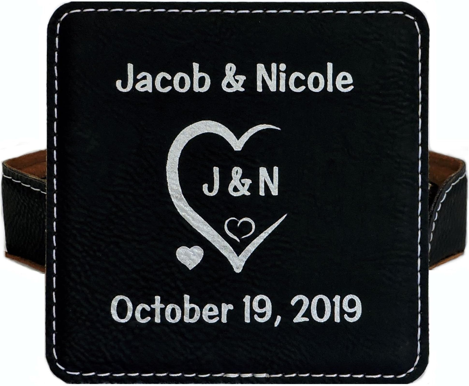 Leather Coasters Personalized with Initials Carved in Heart and Wedding Date