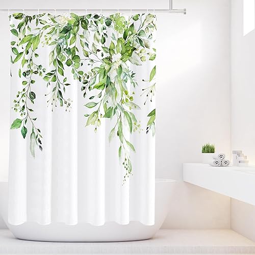Vista 337 de Tititex - Juego de cortinas de ducha de eucalipto verde oliva, hojas de acuarela en la parte superior con decoración floral de baño, 60 x 72 Hojas
