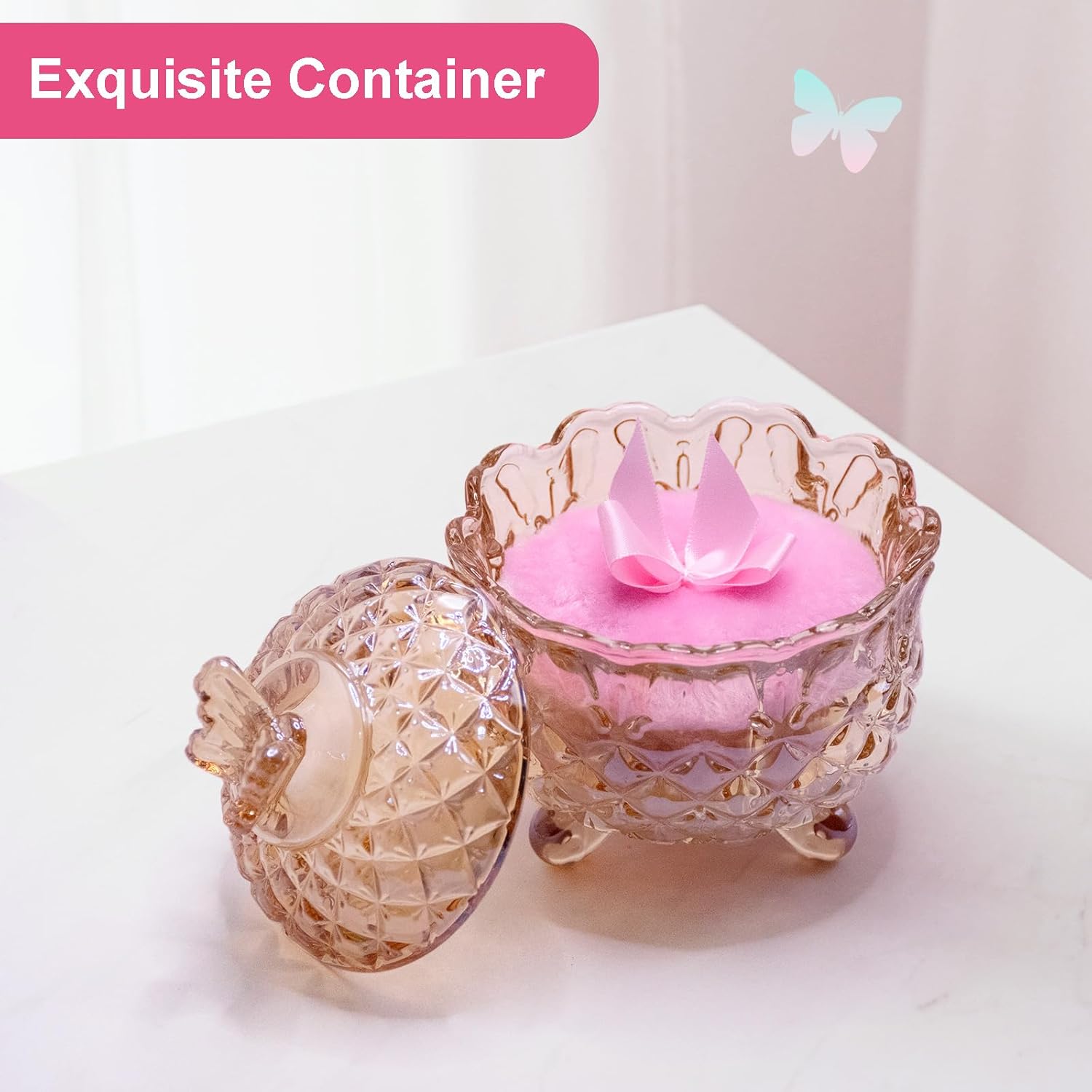 5 Pieces Large Body Powder Puff and Powder Container, Crystal Case for Dust Puff, Powder applicator with Box for Face and Body (Amber, Butterfly) - Image 3