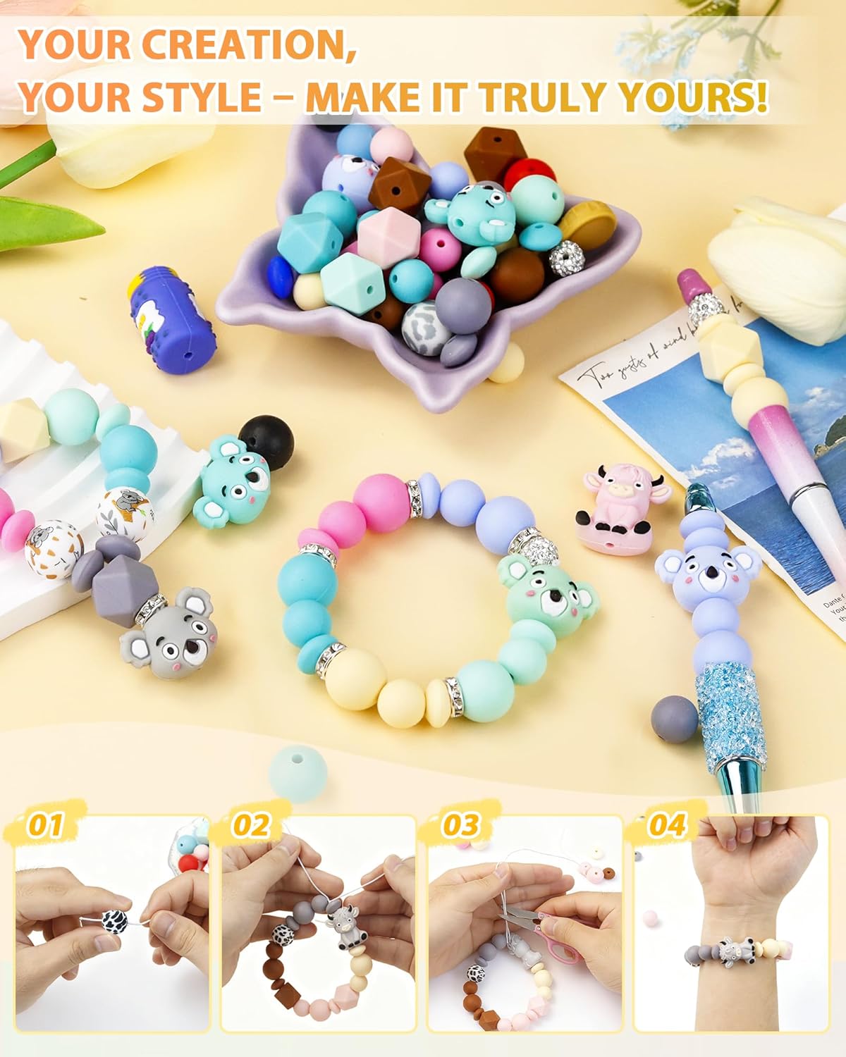 FIVEIZERO 185PCS Silicone Focal Beads for Keychain Making, Animal Cow, Round, Lentil, Hexagon, Printed, Rhinestone, Sliver Spacer Beads for Pens, Bracelets & Crafts with Elastic Cord & Scissors - Image 4