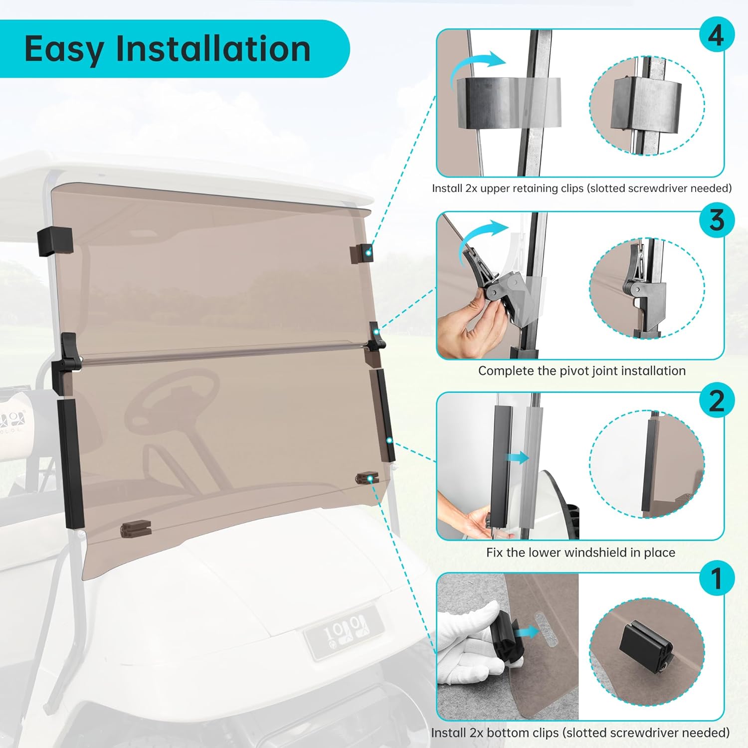 10L0L Golf Cart Windshield for EZGO TXT Gas and Electric 1995-up, Foldable Golf Cart Windscreen, Anti-UV and Impact Resistant, Clear/Tinted