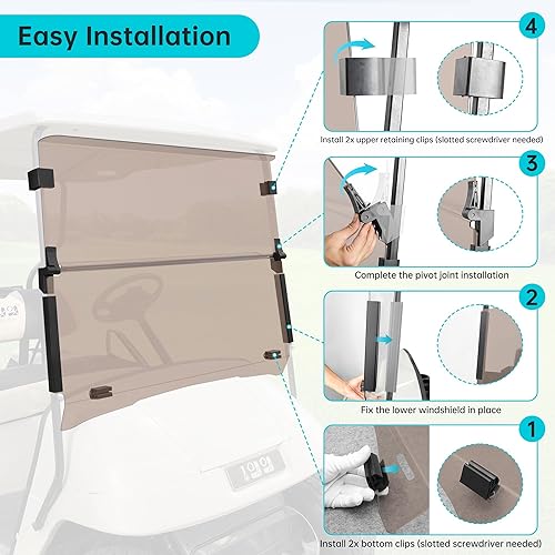 Miniatura 6 de 10L0L Parabrisas para carrito de golf EZGO TXT a gas y eléctrico 1995 en adelante, plegable, anti-UV y resistente a los impactos, transparentetintado