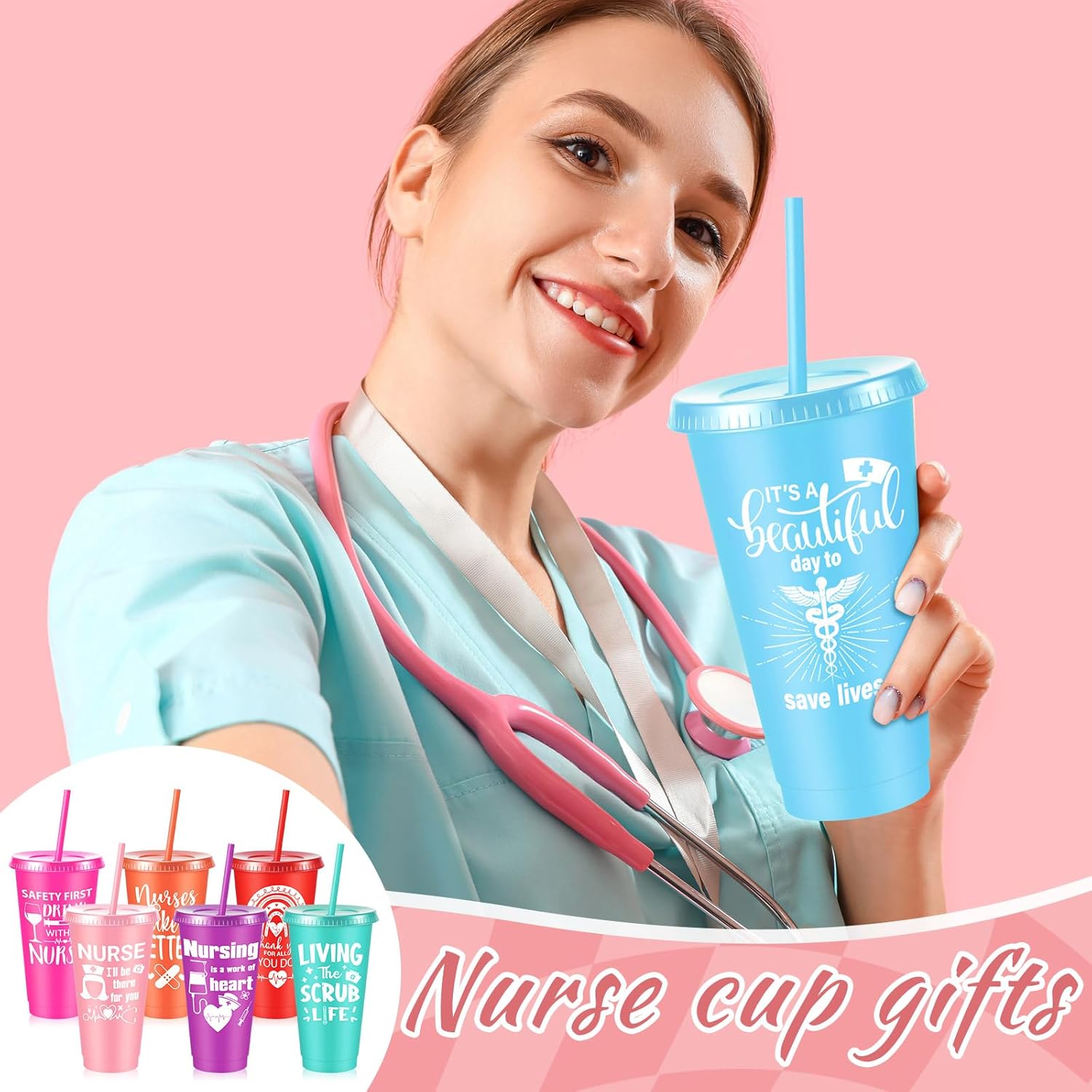 Uiifan 24 Pcs Nurse Week Gifts Bulk 2026 Nurse Appreciation 24 oz Reusable Tumbler with Lid and Straw for Ot Month Thank You Practitioner Graduation Gift (Stylish)