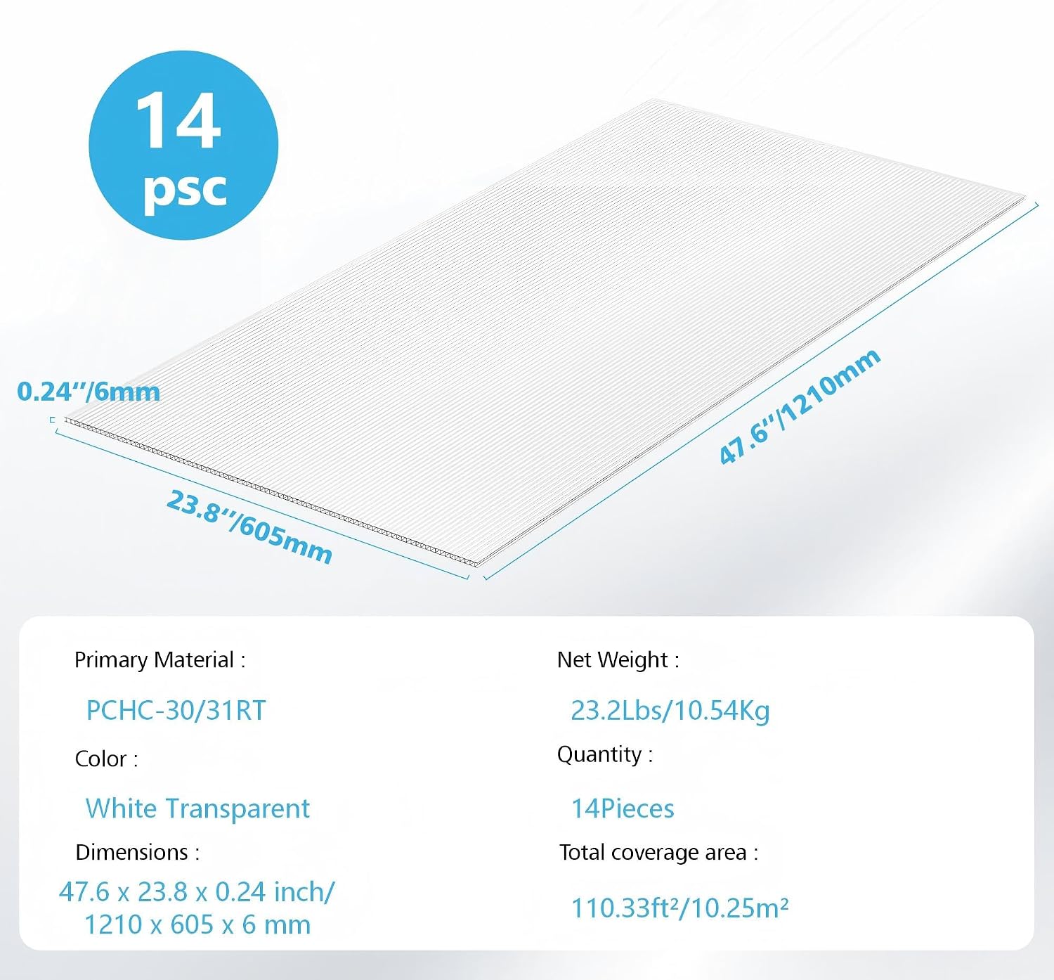 14 Pcs Polycarbonate Greenhouse Panels,4' x 2' x 0.24'' Twin-Wall Plastic roof Panels,Waterproof UV Protected Clear Corrugated Polycarbonate Sheet for All Weather Outdoor Garden Greenhouse Replacement