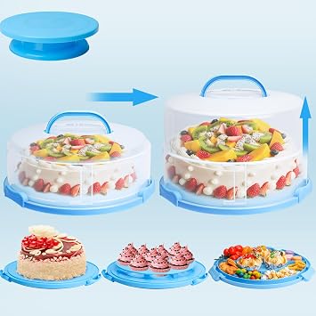 Bundt Cake Carrier, 13.5"Blue Cake Carrier with Lid Handle Turntable and Cupcake Holder, Portable Cake Transport Container, Perfect Gifts for Transporting Cakes, Pies, Cupcakes, Nuts, Fruits