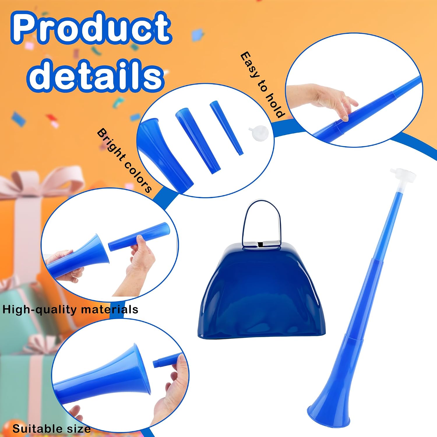 16 Pcs Cheering Noisemakers Set Include 8 Pcs 24 Inch Collapsible Plastic Vuvuzela Horn and 8 Pcs Metal Cowbells with Handle for Sporting Events Football Games Graduation School Sports