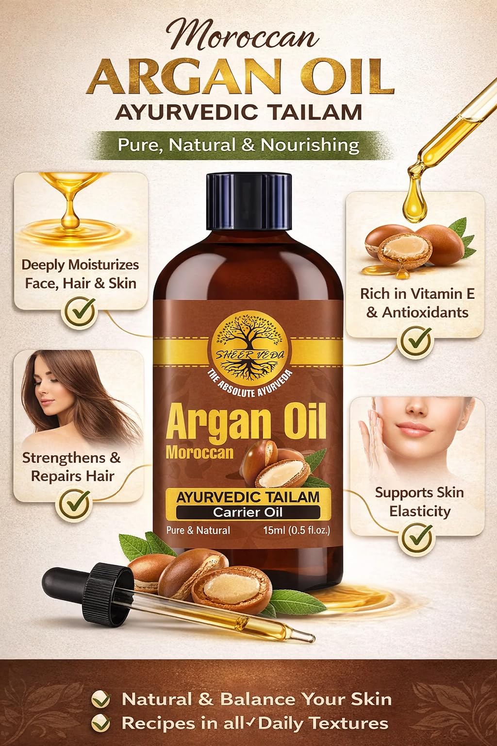 Sheer Veda Argan Oil For Hair, Skin and Body Organic and Cold Pressed Argan Oil 15 ML