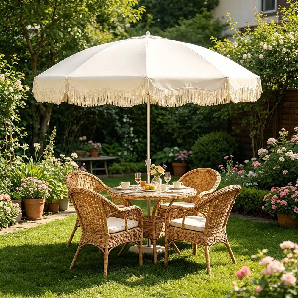 Parasol Ogrodowy Boho z Frędzlami, 180 cm Przenośny Parasol Przeciwsłoneczny z Filtrem UPF 50+ Idealny na Basen, Piknik i Kemping(Pink)