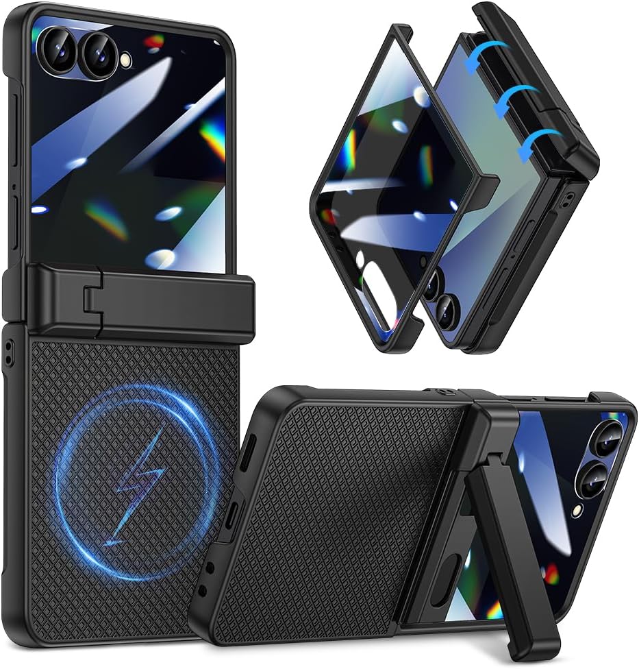 Goton Magnetic for Samsung Galaxy Z Flip 7 Case with Built-in Privacy Screen Protector, [Compatible with MagSafe] with Hidden Kickstand & Hinge Protection Shockproof Textured Cover, Black