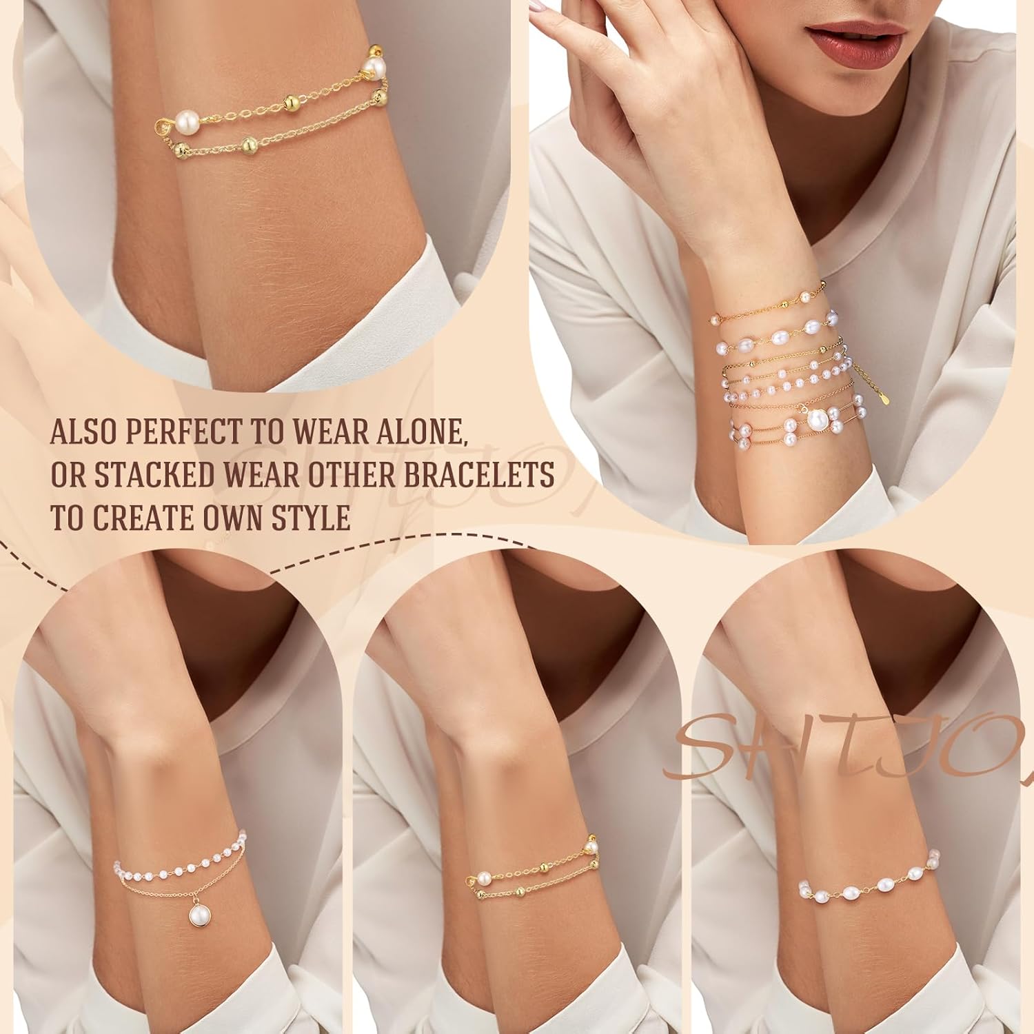 Tondiamo 6 Pcs Gold Pearl Beaded Bracelets for Women Dainty Pearl Bracelet Stack Jewelry Gold Plated Bracelets for Women - Image 6