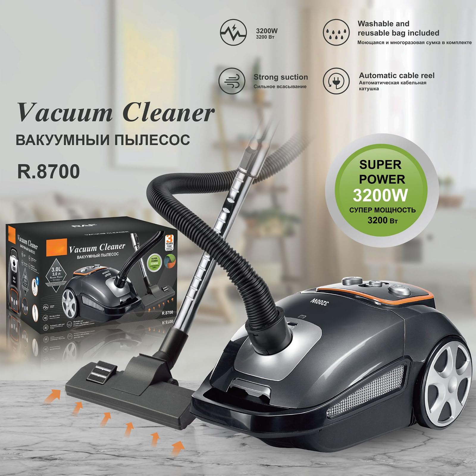 Aspirapolvere ad alta efficienza, ultra silenzioso, 3200 W con capacità di 3 l, potente potenza pulente e basso rumore, perfetto per casa e ufficio