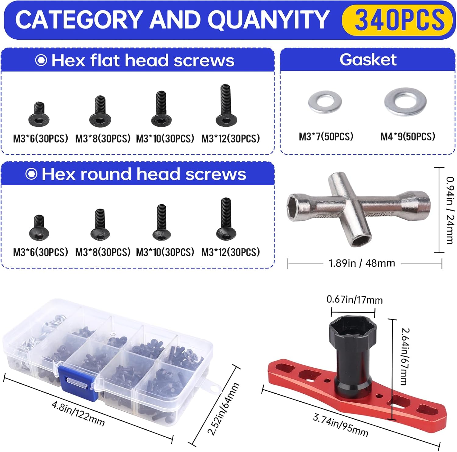 351PCS RC Screws Kit Bolts Hardware Fasteners RC Wheel Wrench Repair Tool Box Set Hobby Universal Spare Accessories for Traxxas Arrma Axial Redcat Tamiya HPI SCX10 Losi 1/8 1/10 Scale RC Car Crawler