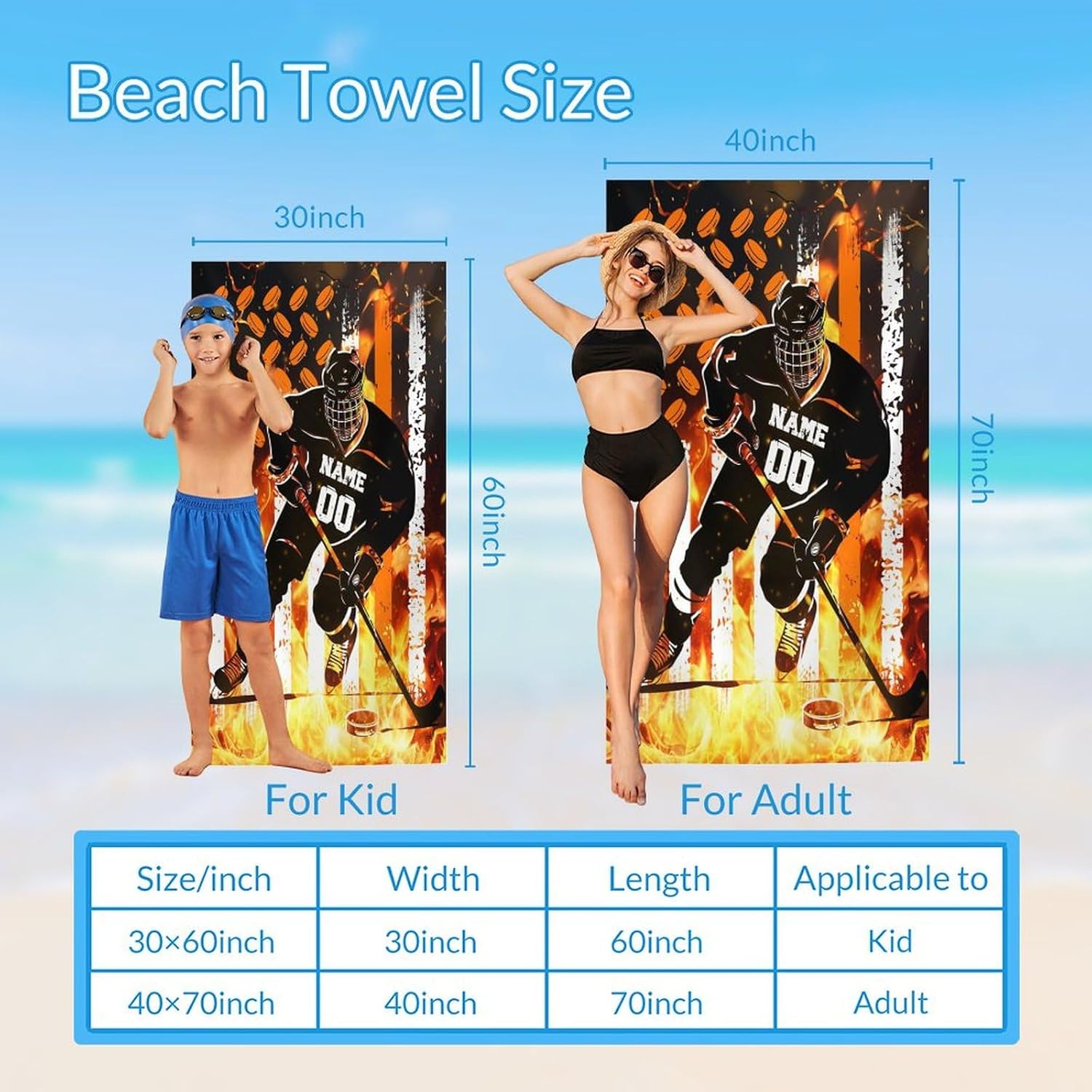 Personalized Beach Towel for Kids Adluts - Custom Ice Hockey Towels for Pool Gym Seaside Bathroom - 40x70 inches Quick Dry Sport Towel Gifts with Name for Team Players