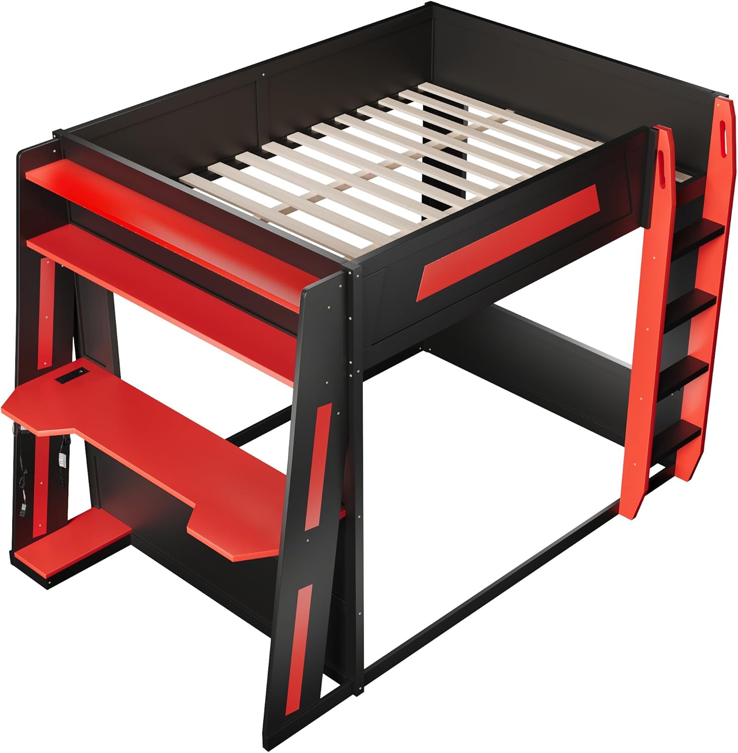 Queen Size Wooden Gaming Bunk Bed with Desk, Two Storage Shelves, USB and LED Light, Sturdy Loft Bed for Gamers & Small Spaces (Black+Red1)
