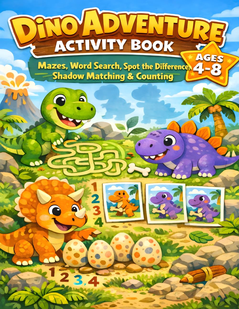 Dino Adventure Activity Book: Mazes, Word Search, Spot the Difference, Shadow Matching & Counting for Kids Ages 4–8
