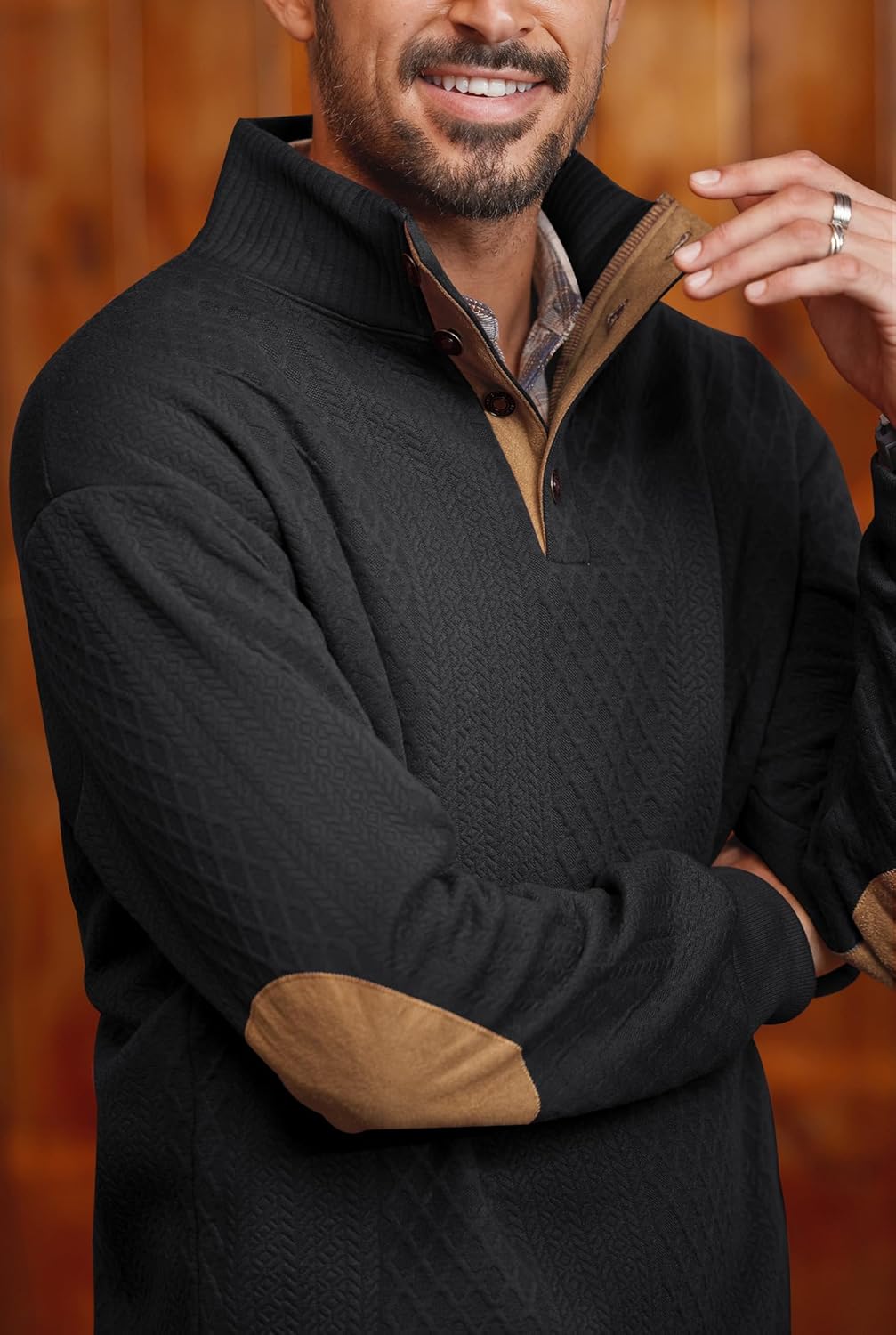 Men's Textured Thermal Sweatshirt Heavyweight Fleece Lined Pullover with Elbow Patches (S-XXL) - Image 7