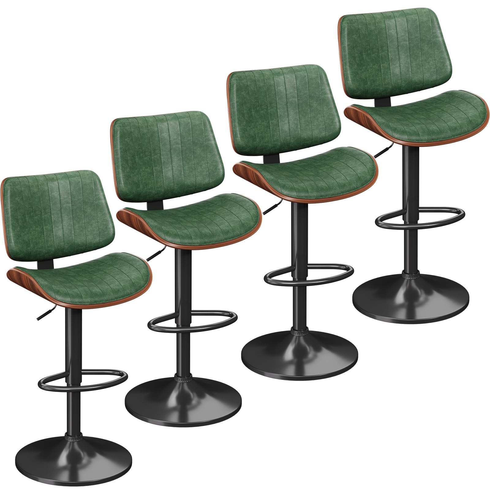 YaFiti Bar Stools Set of 4, Bar Stools for Kitchen Island with Bentwood Back and Leather Seat, Swivel Barstools for Kitchen Counter, Bar, Green