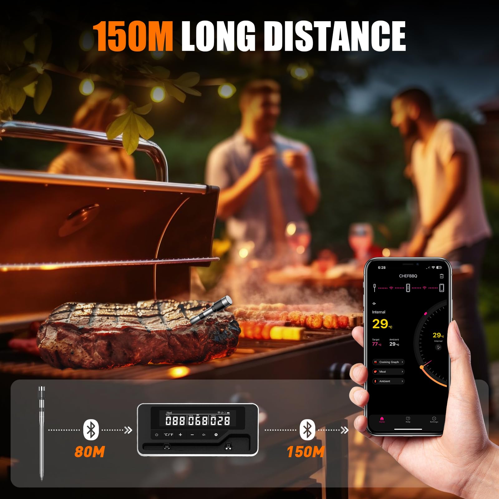 Termometro Carne, Termometro BBQ Wireless con APP, IP67 Impermeabile Termometro Barbecue per Forno, Griglia, Cucina, Girarrosto