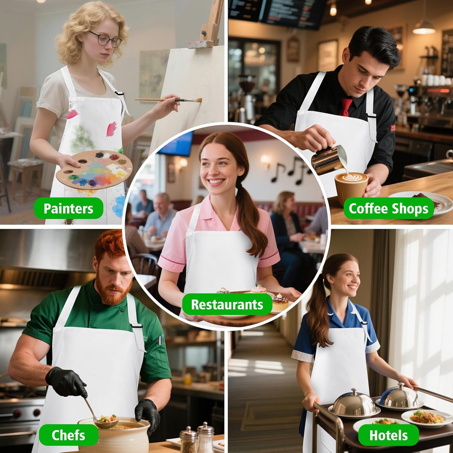 15Pcs Bib Apron,Adjustable Aprons Bulk with 2 Pocket,Unisex Apron,Waterphoof White Aprons for Adult,Machine Washable