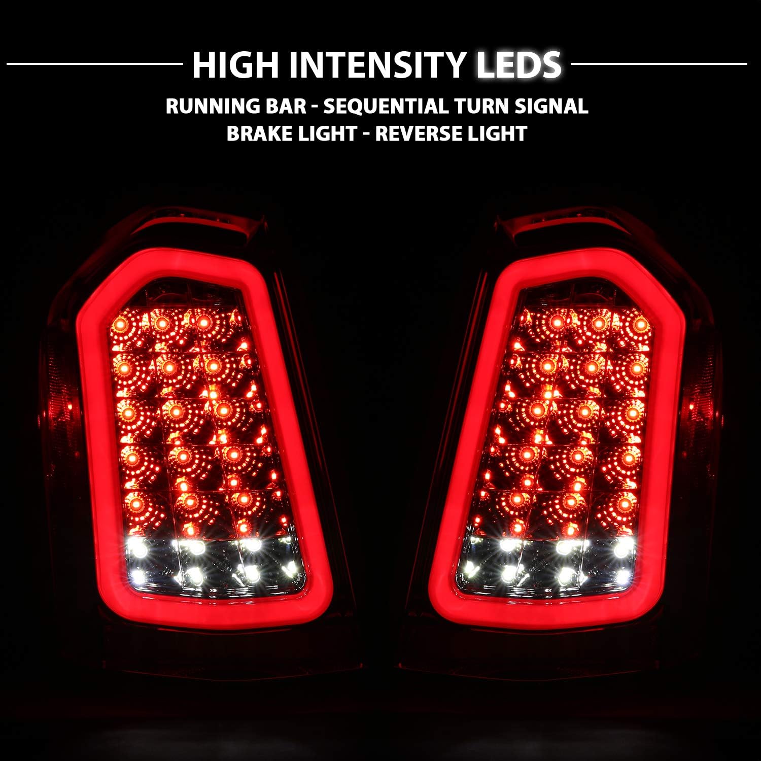 AmeriLite Chrome [Full LED] Sequential Signal Replacement Crystal Red Tube Tail Lights Lamp for 2011-2014 Chrysler 300 - Passenger and Driver Side