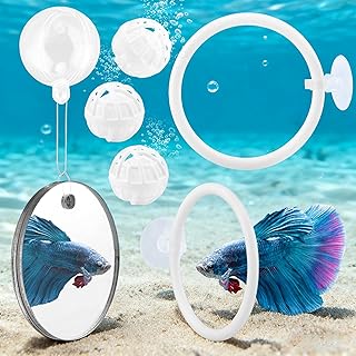 2pcs Bettas Fish Enrichment Toys Ring with Mirror & 2 Bio Filter Balls Betas Exercise Loop Toys Bett a Fish Exercise Ring Suitable for Fishs Tank, Aquarium(Color:White)