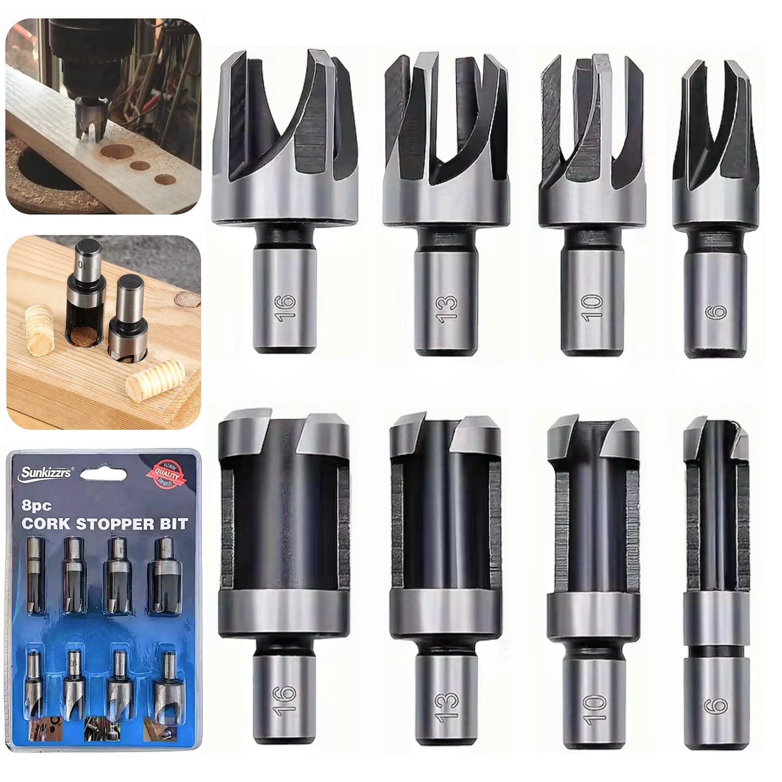Sunkizzrs® 8-Pcs Wood Plug Cutter Set (6mm/10mm/13mm/16mm) —Carbon Steel Boring Hole Saw Cutter —Claw & Straight Plug Cutters —Wood Tenon Drill Bit for Hand Drill & Bench Drill (10mm Round Shank)-image-20