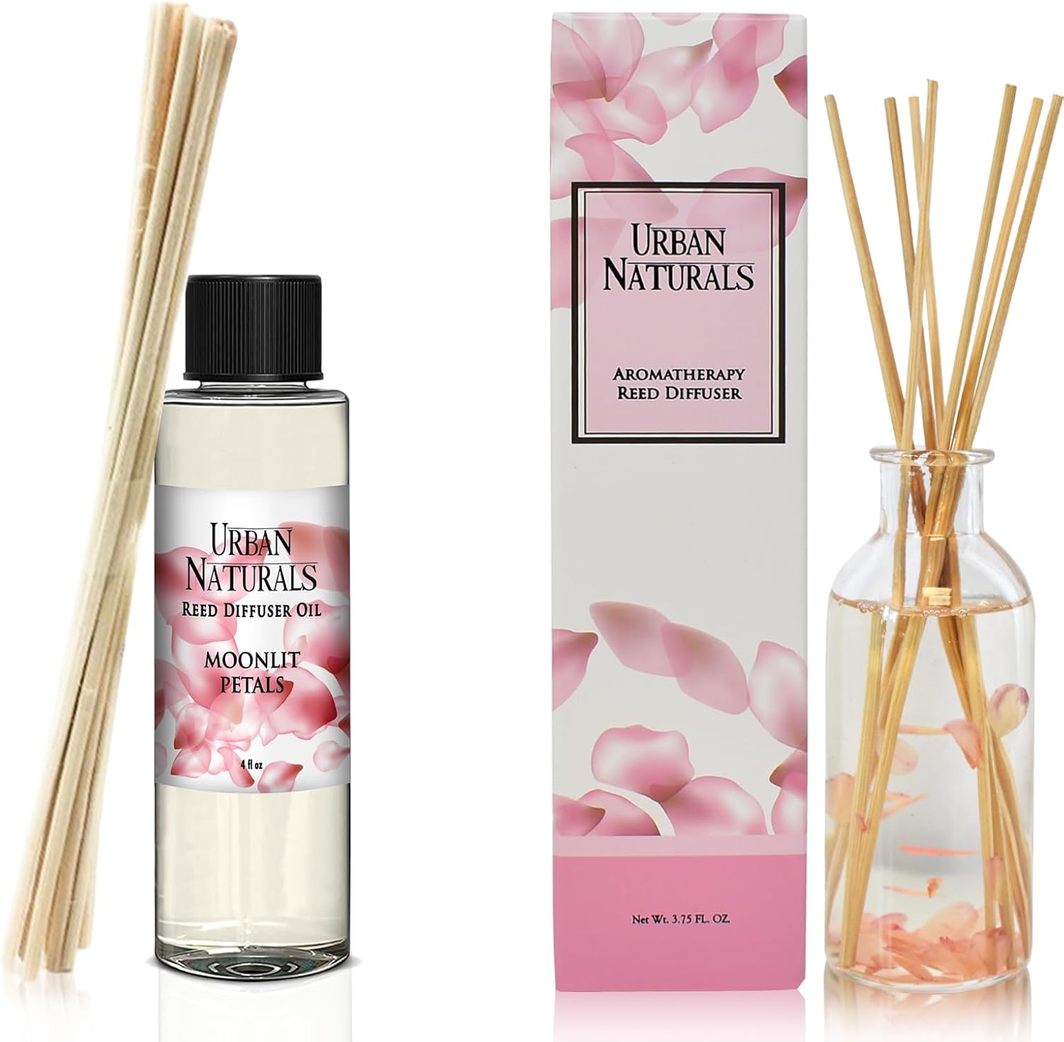 Urban Naturals Moonlit Petals Reed Diffuser Refill, 4 oz, Bundle with Moonlit Petals Reed Diffuser Set - Made with Essential Oils in The USA