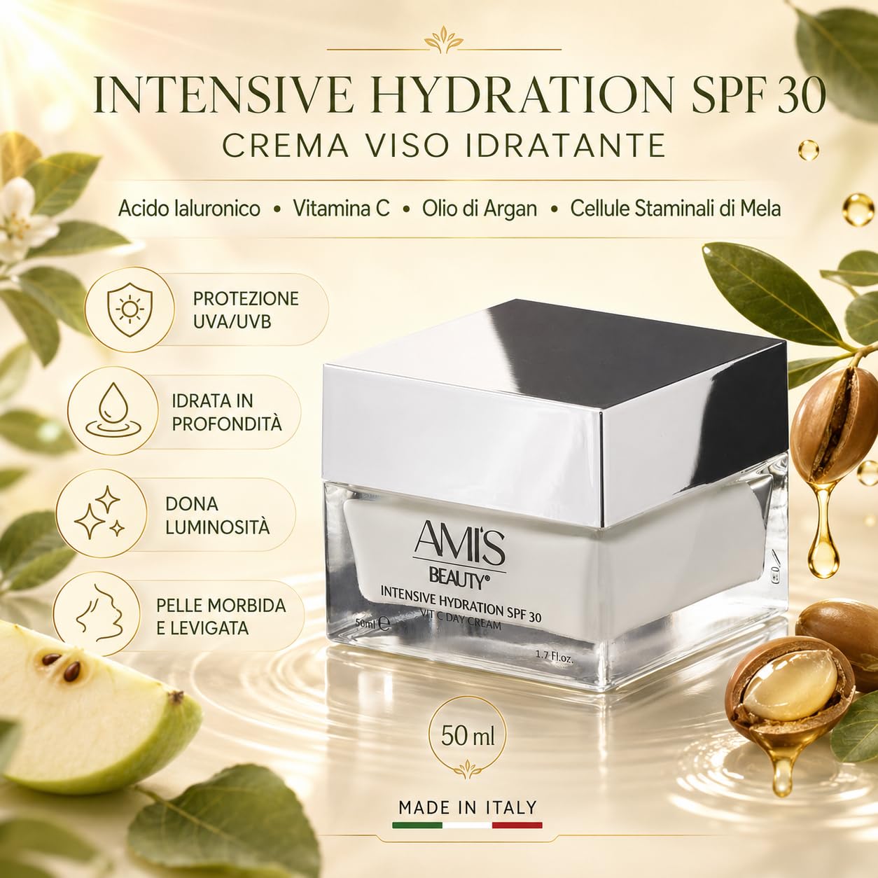 Crema Viso Idratante SPF 30 50ml – Crema Giorno con Protezione Solare UVA/UVB, Acido Ialuronico, Vitamina C, Olio di Argan e Cellule Staminali di Mela – Idratante, Illuminante – Made in Italy