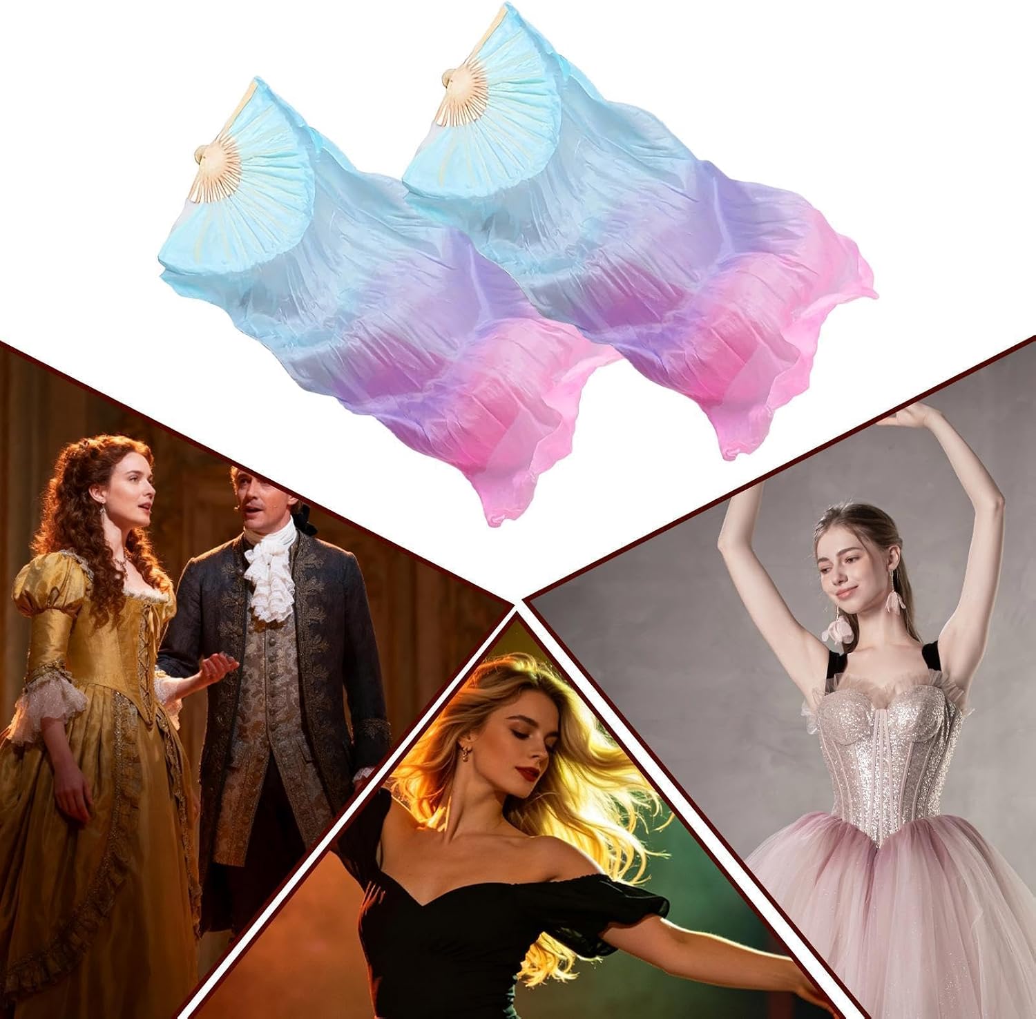 Belly Dance Fans, with 2Pcs Long Dancing Props Faux Silk, 150x80cm, Faux Silk Fan Veils, Lightweight, Flowing, for Dancers Beginners Professionals Stage Performance Festival Theater