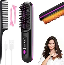 Escova Alisadora Aquecida Sem Fio, 199 Milhões de Íons Negativos, 3 Temperaturas, Aquecimento Rápido 20s, Recarga USB-C, Pente Modelador Portátil