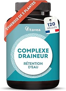 Draineur 5 actifs - Retention d'eau Drainant Puissant, Elimination - Thé Vert, Pissenlit, Artichaut, Frêne, Cassis, 120 gélules - Vegan - Fabriqué en France - Vitavea