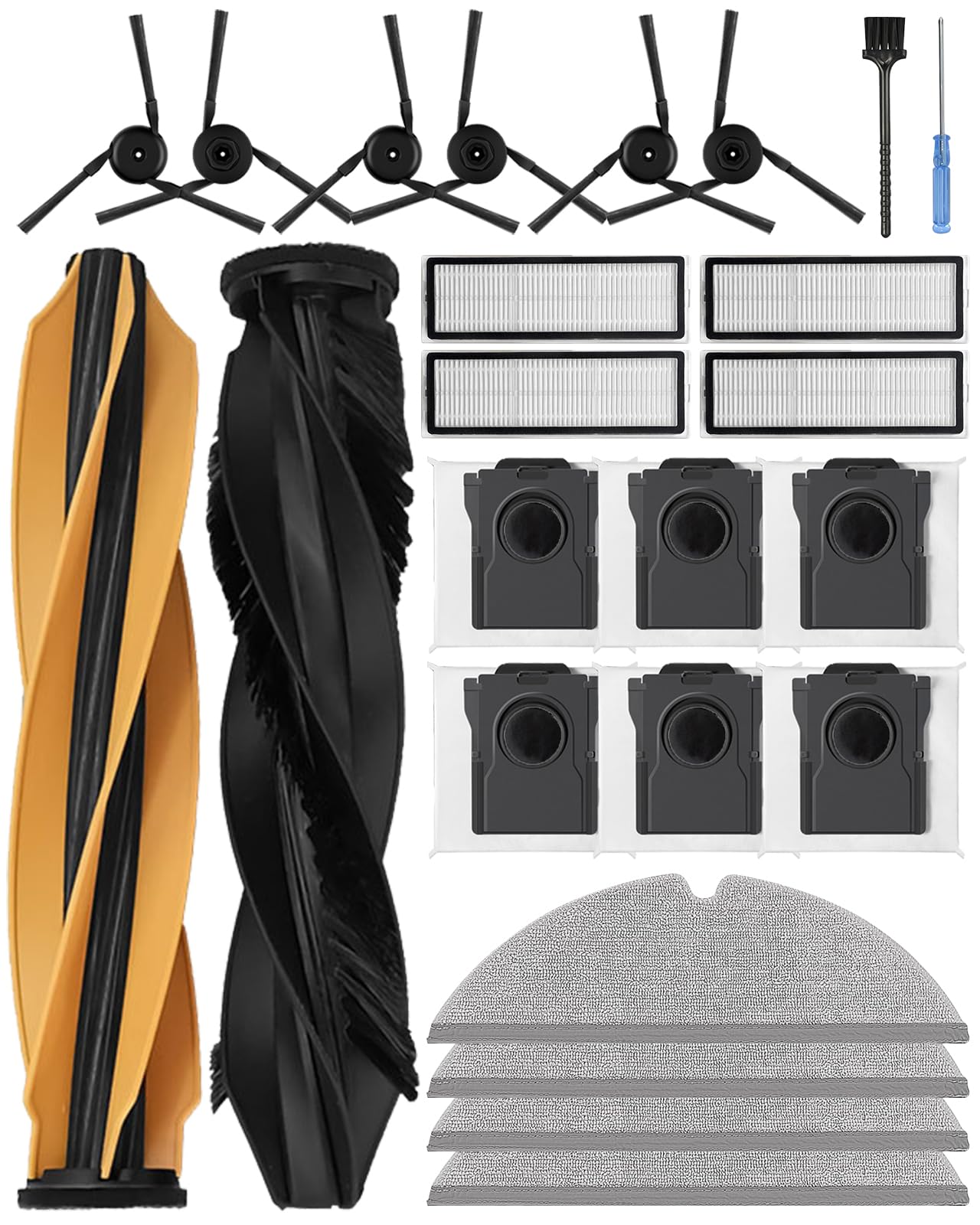 D20 Pro Plus Accesorios para Dreame D20 Pro Plus Robot Aspirador, 24 Piezas de Recambio: 2 Cepillos Principales, 6 Cepillos Laterales, 6 Bolsas de Polvo, 4 Filtros HEPA, 4 Paños de Fregona