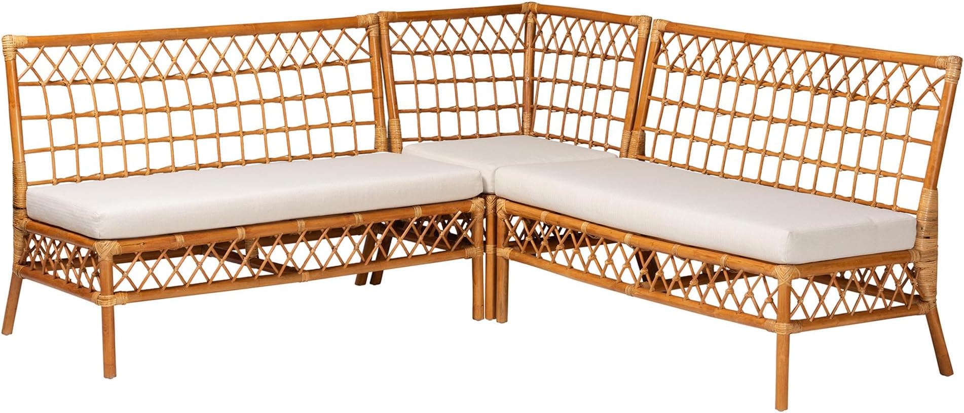 bali & pari Capella Modern Bohemian Light Honey Rattan 3-Piece Dining Nook Banquette Set