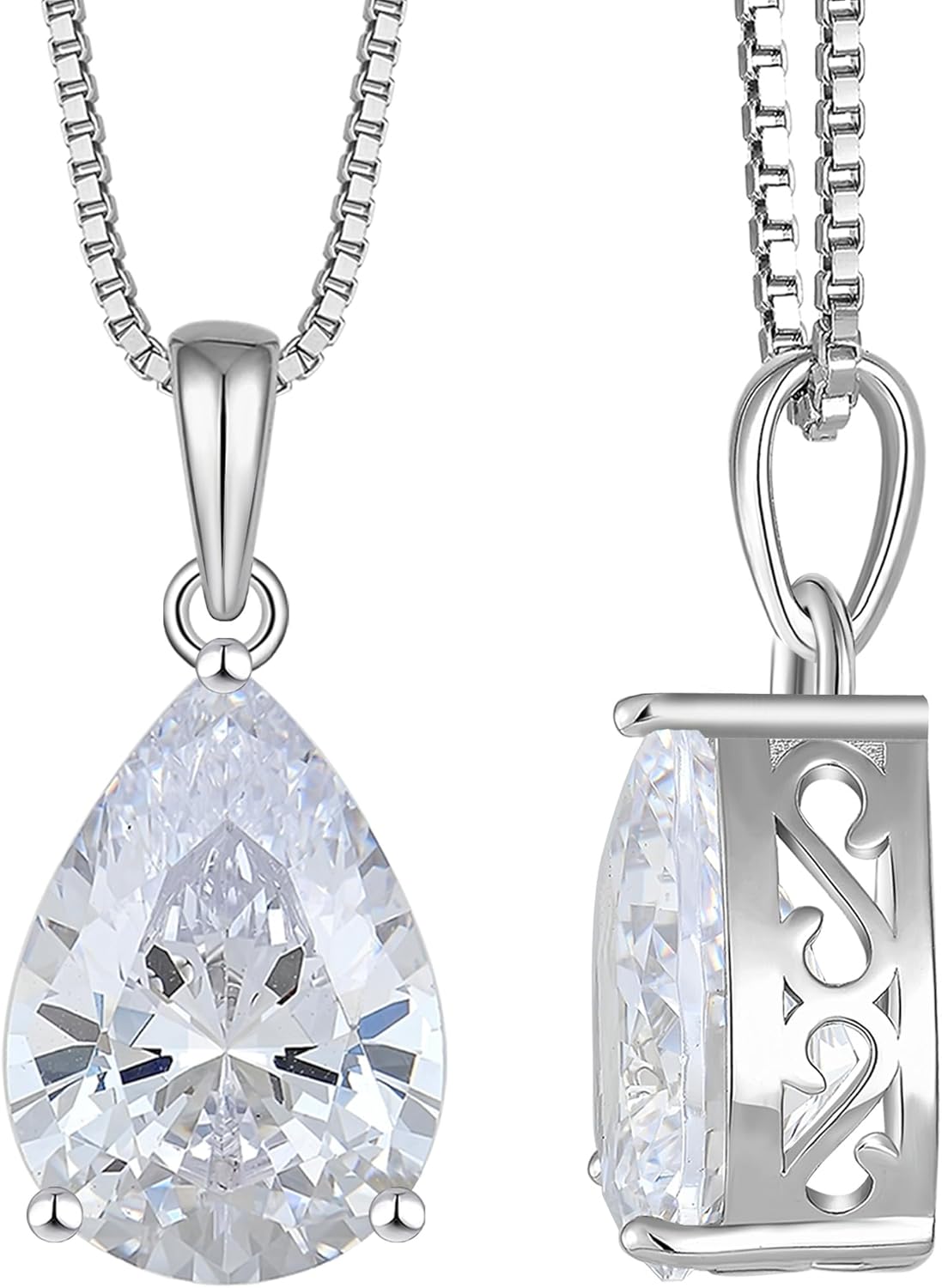 YL Teardrop Necklace 925 Sterling Silver Solitaire Pendant 10x14 MM Pear Cut Birthstone Filigree Jewelry for Women